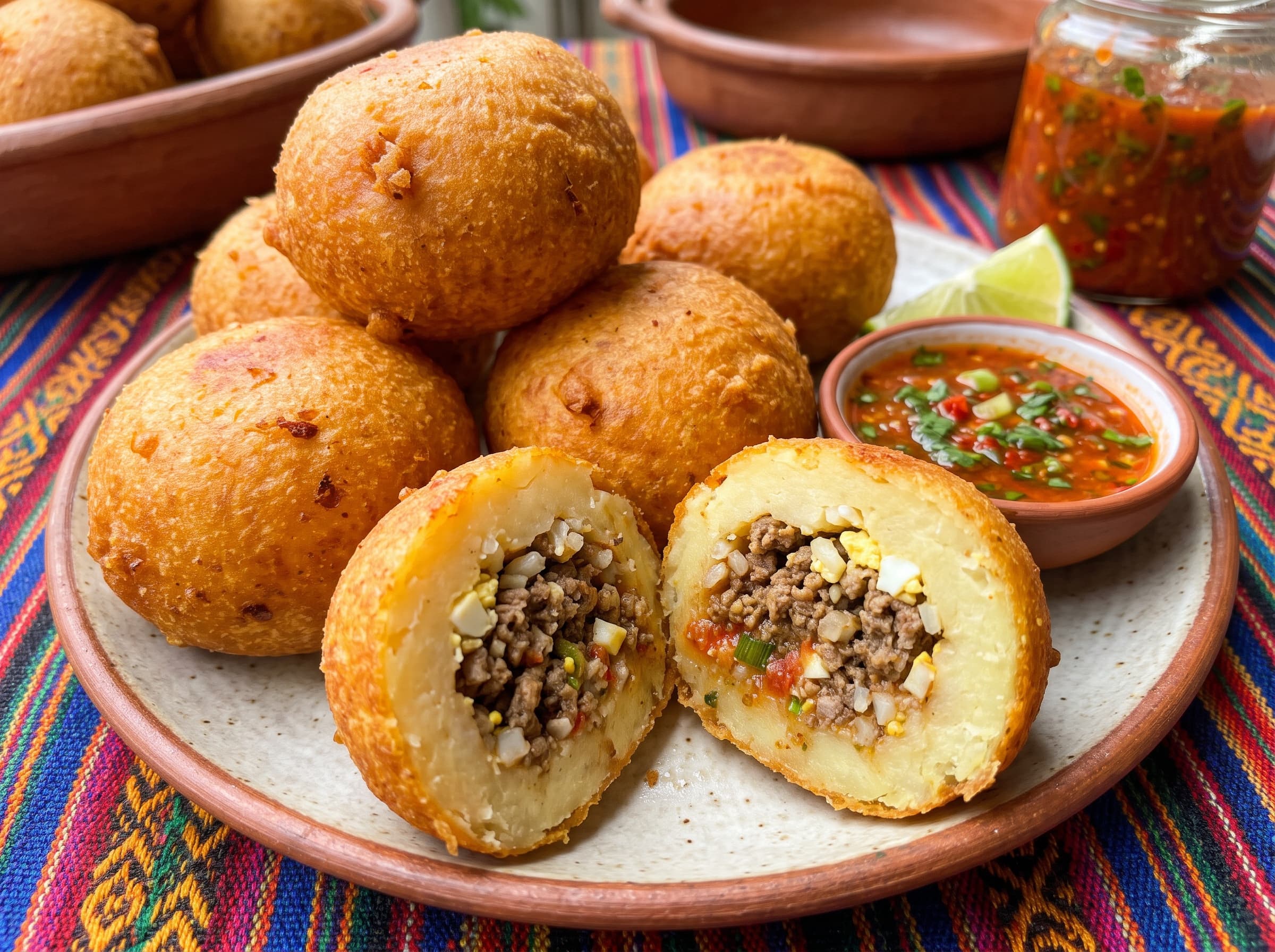 Papas rellenas recién fritas, una partida a la mitad mostrando el relleno de carne